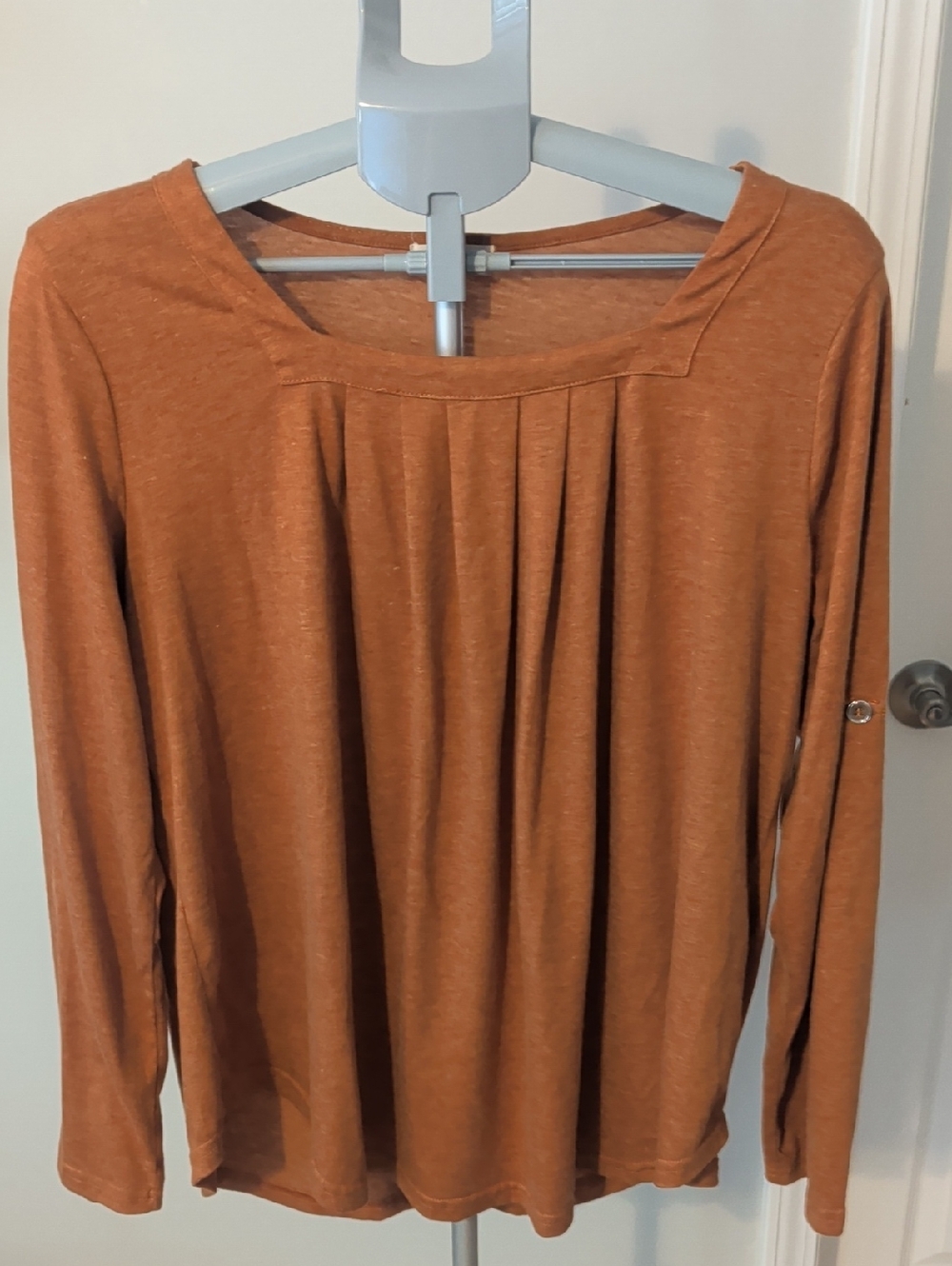 Casual Women's Rust Long-Sleeve Pleated Square-Neck Top